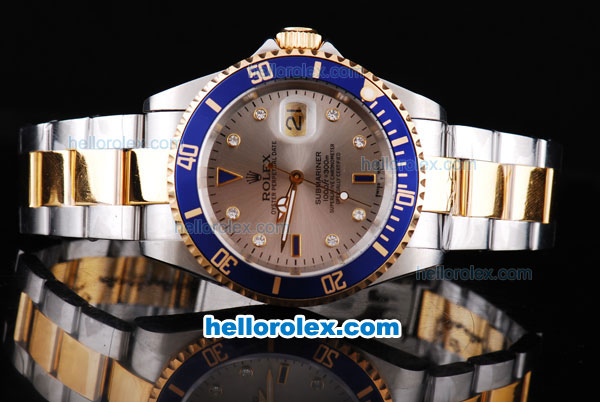 Rolex Submariner Automatic Movement with Silver Gray Dial and Blue Bezel and ETA Case--two tone Strap-Diamond Marking - Click Image to Close